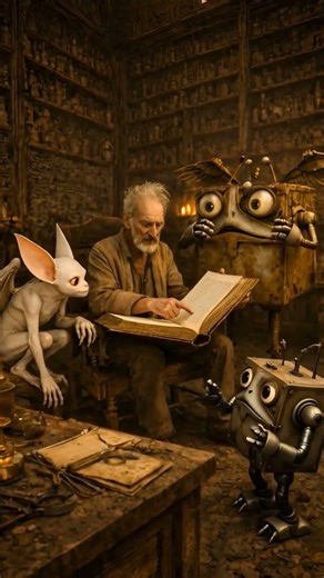 DND, The Alchemist reads a bedtime story to two Modrons and a homunculus..