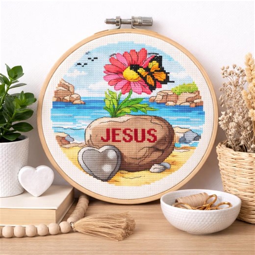 Jesus Cross Stitch Pattern, Christian Flower Scene, Religious Ocean Landscape, Faith Embroidery Design, Digital PDF & SAGA Chart - Etsy