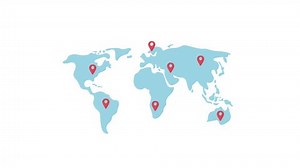 Animated world map with pins. Travel destinations. Geography. Flat cartoon style element HD video footage. Color illustration on white background with alpha channel transparency for animation