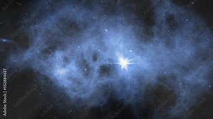 Cosmos Blue Space Flight Background 4K Loop features a view of flying in space with a blue cloud formation, particles, and fog in a loop. Stock Video