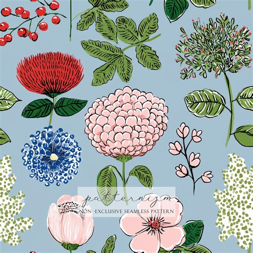 Watercolor Floral Seamless Pattern – Blue Background Botanical Flowers, Vintage Cottage Garden Spring Design for Fabric & Crafts - Etsy