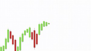 Candlestick chart animation showing a bullish trend with fluctuating green and red bars, set against a white background | Premium Stock Video Footage
