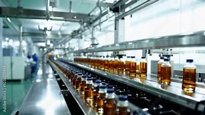 4K Ultra HD Looped Animation of High-Tech Pharmaceutical Production Line with Robotic Arms and Amber Glass Bottles in Sterile Lab Environment