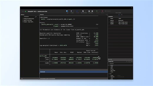 The new 𝗯𝗮𝘆𝗲𝘀: 𝗾𝗿𝗲𝗴 command fits Bayesian quantile regression, letting you explore full posterior distributions for regression coefficients. Plus, all standard Bayesian features—like hypothesis testing and prediction—are supported. We also added the asymmetric Laplace distribution (ALD) as a new likelihood function to 𝗯𝗮𝘆𝗲𝘀𝗺𝗵, making it easier to model skewed or heavy-tailed outcomes and fit advanced Bayesian quantile regression models. ▶️ Watch the walkthrough: YouTube.com/watch