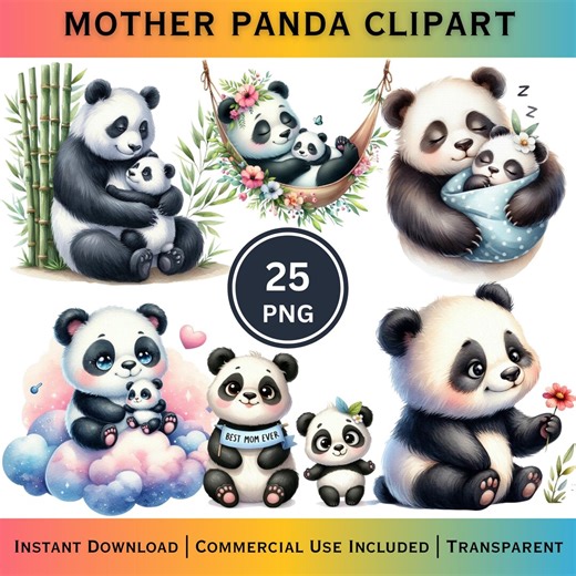Mother Panda Clipart Bundle | Watercolor Mom Baby Pandas (digital Download) - Etsy