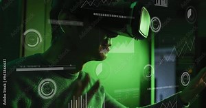 Using virtual reality headset, person interacting with data visualization animation