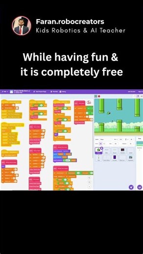 8 year old kids building a Flappy Bird Game in Scratch using drag and drop coding