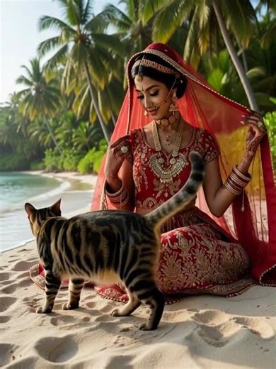 AI generated, beautiful Indian bride, cat on beach