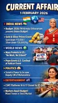 Today Current Affairs | 1 February #budgetsession 2026 | Budget 2026 | World & India News