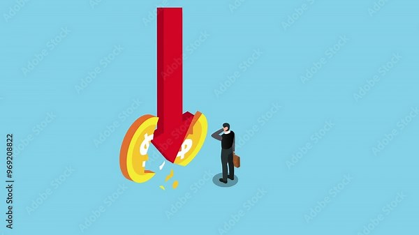 Man with coin cracked by red falling arrow 3d animation cartoon