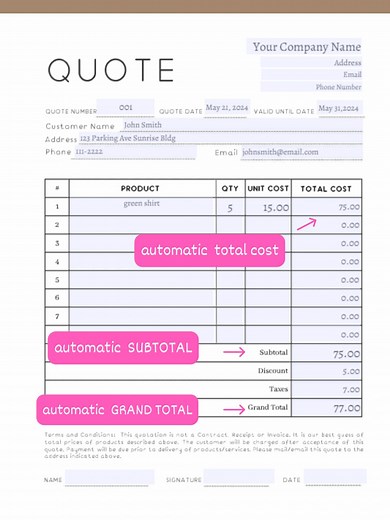 Automatic Fillable Price Quote PDF Template