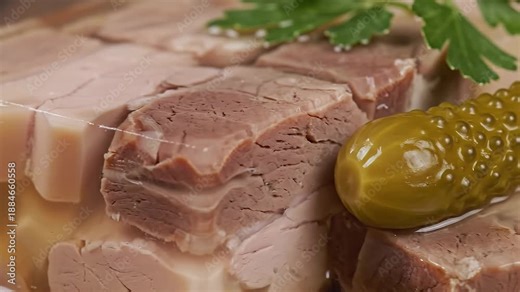 A closeup view of a delicious homemade meat terrine or brawn showcasing layers of tender pork and rich fat beautifully garnished with a vibrant green gherkin and fresh parsley perfect for a tradition.