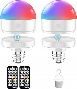 Rechargeable Light Bulbs with Remote, 45W Energized E26 Detachable Base, Battery Operated Light Bulb with Dual Recharging Ways, 350LM Dimmer LED Emergency Light with 13 Colors & 3 Timer,2Pcs