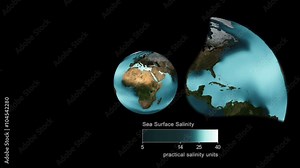 Animated map of the earth and it’s oceans show relative sea surface salinity.