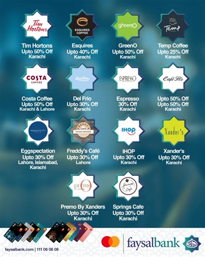 Sip. Swipe. Save. Get up to 50% off on coffee every day with Faysal Bank cards. Your daily cup just got more rewarding. Note: State Bank of Pakistan has introduced a portal, accessible at https://sunwai.sbp.org.pk/, along with mobile app on Google Play Store and IOS App Store, to facilitate the public in lodging complaints against their issues. A tutorial on complaint registration is available at https://complaint.sbp.org.pk/about-us.html #FaysalBank #CardDeal | Faysal Bank Limited