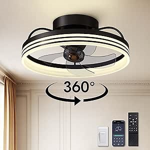 Ceiling Fans with Lights, 360° Rotating Ceiling Fan with Lights and Remote, 6 Wind Speeds Smart Low Profile Ceiling Fan for Bedroom, Kids Room and Living Room 20"