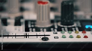 Sound mixer console. Jack audio cable connection and adjusting the volume.