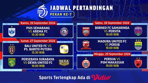 Jadwal Siaran Langsung BRI Liga 1 2024/2025 Matchweek 7 di Vidio