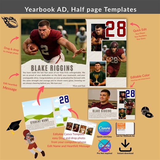 Football Senior Yearbook Ad Template, Half Page Ad Template, Digital Download, High School Sport Ad Template, Quick Edit Canva, 1231 - Etsy