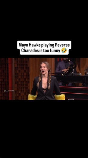 DJ Clicks on Instagram: "During the episode on The Tonight Show, Maya Hawke had to play the Reverse Charades. The audience had a huge laughter as Maya couldn't give enough clues in 30 seconds time 😂 Reverse Charades is a fun celebrity game segment where teams act out a word or phrase together while one teammate tries to guess what it is — flipping the usual charades setup so the group acts and one person guesses. In these segments, Jimmy and his guests are given a clue internally, then all the