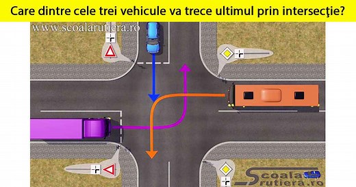 Chestionare DRPCIV cat B: Care dintre cele trei vehicule va trece ultimul prin intersecție?