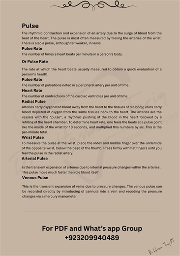 Week: 13 Subject: Physiology Topic: Pulse Stay Updated & Level Up Your Learning! ✨ Follow, Like & Share this page for daily clinical case studies! 📚 Perfect for medical students & learners who want to grow fast in the field. 📅 New case studies posted daily on Facebook & Instagram! 📄 Free PDF notes available for every case study. 📲 Join our WhatsApp group to receive daily PDFs of each case uploaded! ✅ Don’t miss out—enhance your medical knowledge today! 📞 WhatsApp for PDFs & Queries: 92 320 