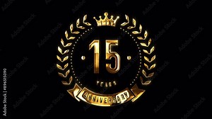 15th Anniversary Celebration. Happy 15 Years Anniversary Animation in Gold Color on the Transparent Background, Alpha Channel. Great for greetings, celebrations, events, and gifts.
