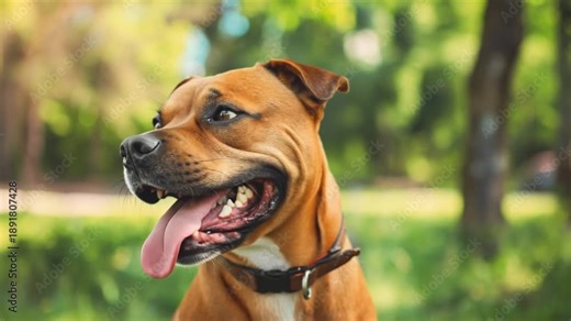 Portrait of a brown pitbull against the backdrop of a spring park in the rays of the setting spring sun. copy space