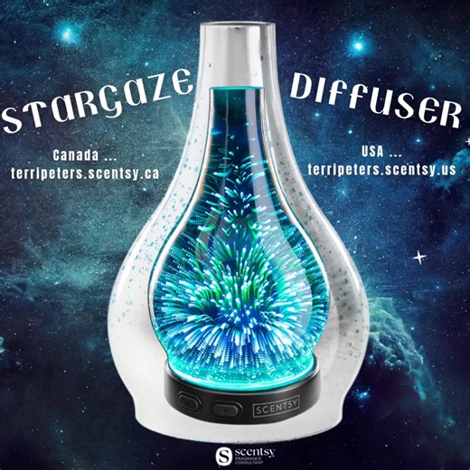 Terri Peters - Scentsy | Home Fragrance on Instagram: "🎇 Stargaze Diffuser 🎇 … Colors burst and streak across this diffuser in a mesmerizing display that’s totally unique from one piece to another. 🎇 Make a statement with striking diffuser designs and all-natural fragrance delivered instantly in a swirl of color and light. - When on, our diffusers immediately fill your space with stunning, artisanal scent. - Set the mood with 16 dazzling colorful LED lighting effects. - Interchangeable diffus