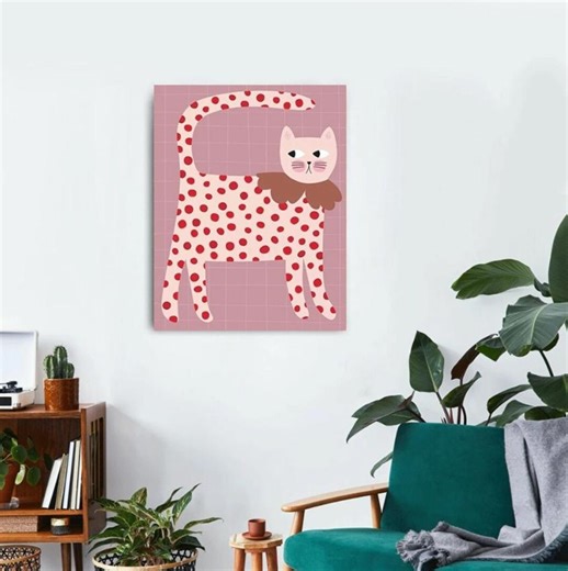 Red Polka Dot Cat Art Print, Whimsical Animal Wall Decor (canvas or Poster) - Etsy