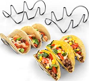 WIDBI Premium Taco Holders - 4 Pack Stainless Steel Taco Stands - Holds 12 Tacos - Fits Most Plates - Oven & Dishwasher Safe - Stackable Trays - Racks Hold Hard Shell Tacos