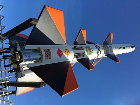 3 stage rocket model launch, on board and external camera, stage separation detail