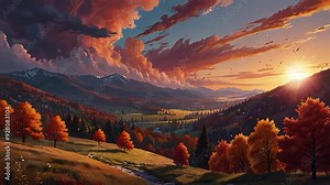 Scenic image of autumn mountain range with vibrant foliage at sunset. Perfect for autumn themed designs, animated background, and live wallpaper.