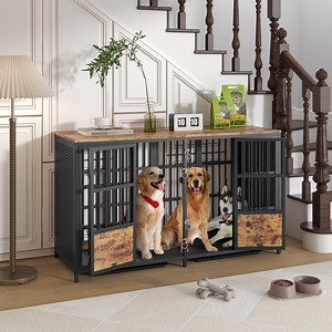 Winkalon Large Dog Crate Furniture,63" Wooden Double Dog Crate Kennel with Divider and Removable Trays,Brown - Walmart.com