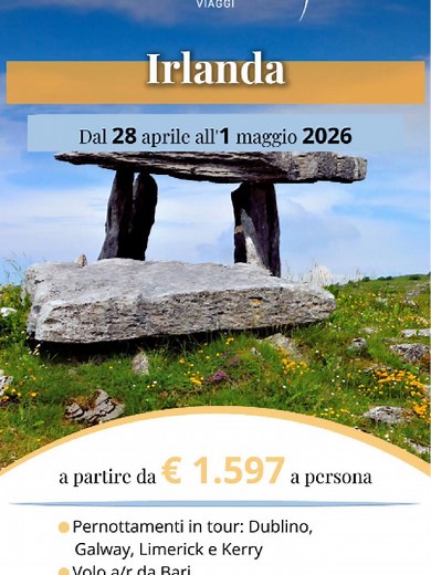 🍀 𝑰𝒓𝒍𝒂𝒏𝒅𝒂: un viaggio tra leggende, scogliere e castelli 🍀 Terre verdi a perdita d’occhio, villaggi senza tempo e panorami che tolgono il fiato 🌊 💚 Un viaggio autentico, intenso e pieno di emozioni. 📩 Contattaci ora e parti alla scoperta dell’𝑰𝒓𝒍𝒂𝒏𝒅𝒂! 🗓️ Dal 𝟐𝟖 aprile all'𝟏 maggio 𝟐𝟎𝟐𝟔 ☀️ 𝟳 giorni e 🌙 𝟲 notti 💶 A partire da € 𝟏.𝟓𝟗𝟕 a persona ✈️ 𝑉𝑜𝑙𝑖: 25/4 Bari - Zurigo 10:20 12:15 25/4 Zurigo - Dublino 16:30 17:50 1/5 Dublino - Zurigo 08:45 12:00 1/5 Zurigo