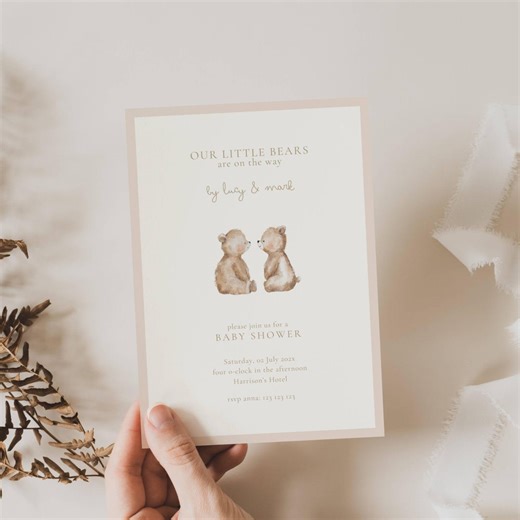 Twin Boys Baby Shower Invitation Bears: Vintage Teddy Bear, Can Bearly Wait (editable Template) - Etsy