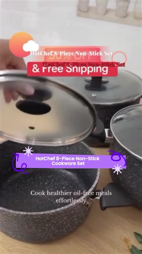 HotChef 8-Piece Non-Stick Cookware Set with Marble Coating for Healthy Oil-Free Cooking on All Stovetops Including Induction #castironcooking #potsandpans #kitchengadgetmusthave #nonstickpan #nonstickpans #kitchengadgetfinds #removablehandlecookware #cookingessentials #cookinggadgets #blackstonecooking