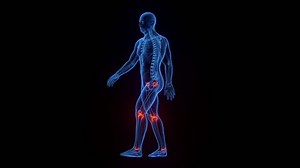3D rendered medical animation of male anatomy - joint pain while walking. plain black background