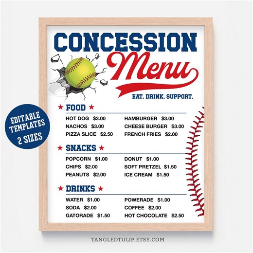 Softball Concession Stand Menu | Softball Snack Bar Price List | Printable Editable Template | Instant Download CON1 - Etsy