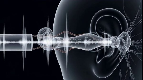 Auditory pathway sound wave transmission cochlea neuron signal processing science audio hearing 4K Ai HD high quality video.