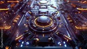 A futuristic circuit board with glowing orange and blue lights, showcasing intricate design and advanced technology. The central circular component glows brightly, Seamless loop animation render