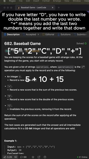 Leetcode 682 - Baseball Game | #coding questions in #python #shorts