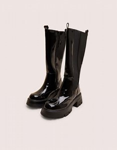 Public Desire Bryant patent chunky sole elasticated knee high boots in black | ASOS