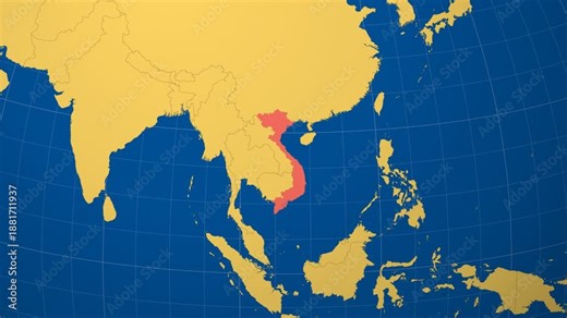 Vietnam on Globe. Animated zoom into the country in Ocean Blue Golden Yellow color palette. Vietnam logo animation. Map with meridians, parallels. Creative video.