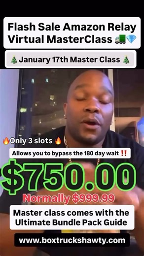 Jabbar Williams on Instagram: "Flash sale $750.00 (normally $999.99)for the next 3 people who join 🔥🔥🔥🔥🔥this sale is only for the January 17th Master Class ‼️ What services do I specialize in ❓ I specialize in helping people obtain a contract with Amazon Relay utilizing rental box trucks without having to wait 180 days. I was featured in the Forbes Magazine for my system that allowed me to make millions without physically driving a truck. 1️⃣ VIP VIRTUAL PERSONAL MASTER MASTERCLASS for $125
