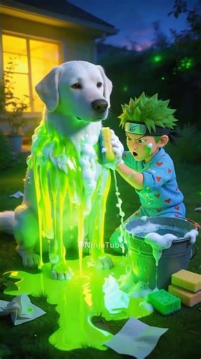 😰 Naruto's dog got covered in a bright green goo that looks toxic!
