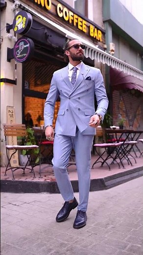 Light Blue Striped Double-Breasted Men’s Suit | Perfect for Formal Affairs & Business Meetings.