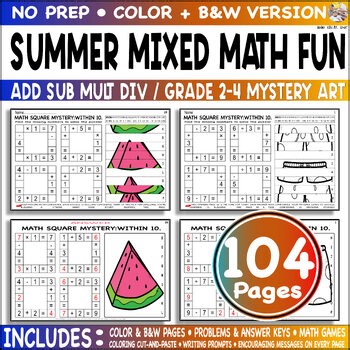 Summer Mixed Add Sub Mult Div within 10 Mystery Code Color Grade 2 3 4 Math Fun