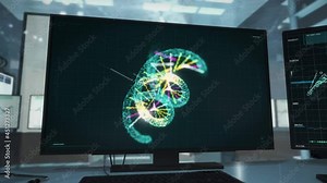 Spiral DNA View Shown By Advanced Analysis Software User Interface At Bio Laboratory. Laboratory Experiment Results Show Spiral DNA Data. Medical Laboratory Spiral DNA Genetic Scan Overview