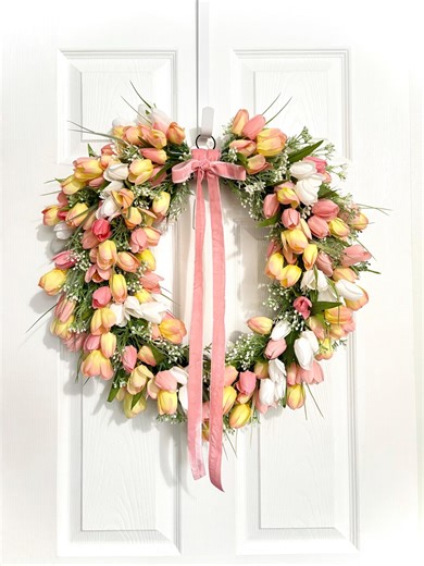 Spring Tulip Wreath, Door Wreath, Tulip Wreath With Pink Velvet Bow, Easter Wreath, Etsy Canada, Spring Decor, Gift Idea, Mothers Day - Etsy